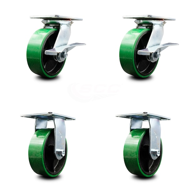 6 Inch Green Poly on Cast Iron Caster Set with Ball Bearing 2 Brakes and 2 Rigid